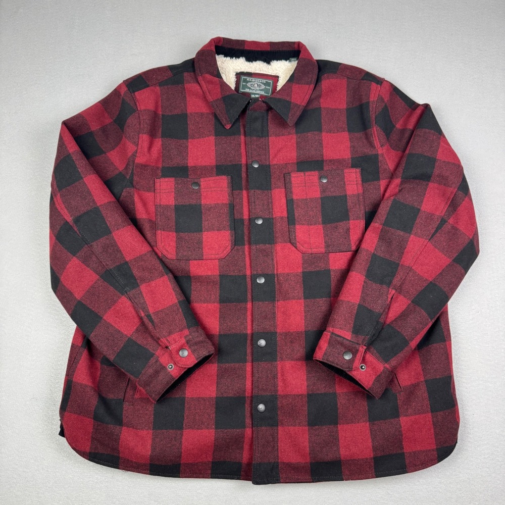 GH Bass Mens XXL Red Black Buffalo Plaid‎ Sherpa Lined Wool Blend Shirt Jacket